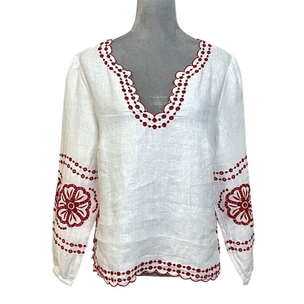 J.Crew Women's White Embroidered 100% Linen V-Neck Boxy Blouse S Chic Vacation - Picture 4 of 14